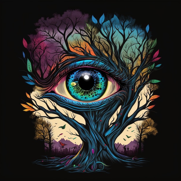 Una ilustración colorida de un ojo rodeado por un árbol con el árbol de la vida y las palabras ojo en él.