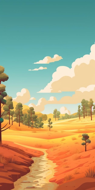 Ilustración colorida de un paisaje desértico con bosques y dunas