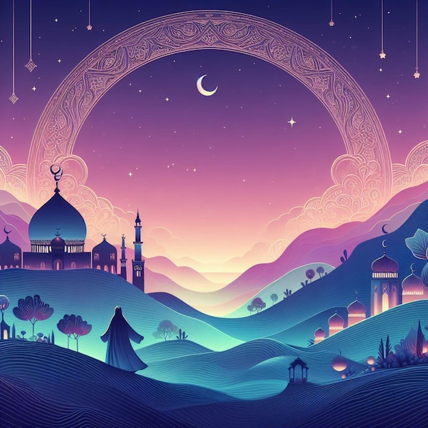 una ilustración colorida de un paisaje con una luna y una mezquita