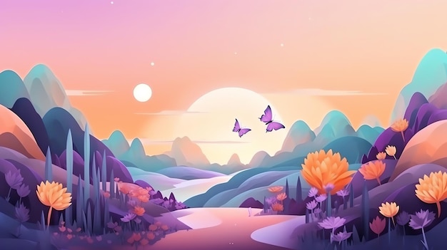 Una ilustración colorida de un paisaje con mariposas púrpuras volando sobre un río.