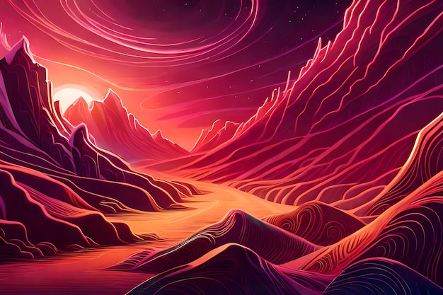 Una ilustración colorida de un paisaje de montaña con una puesta de sol de fondo ai generativo