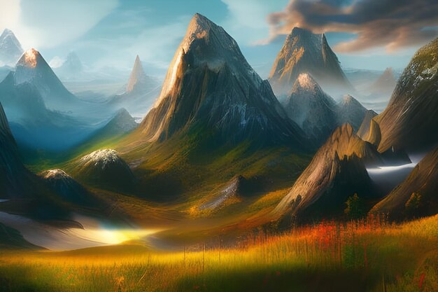 Ilustración colorida del paisaje y las montañas