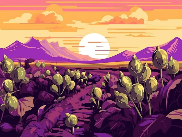 Una ilustración colorida de un paisaje con un paisaje de montaña y una puesta de sol en el fondo.