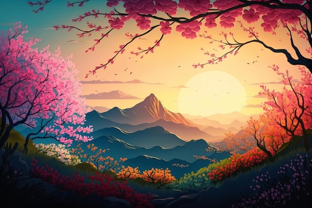 Ilustración colorida del paisaje primaveral con flores florecientes y amanecer