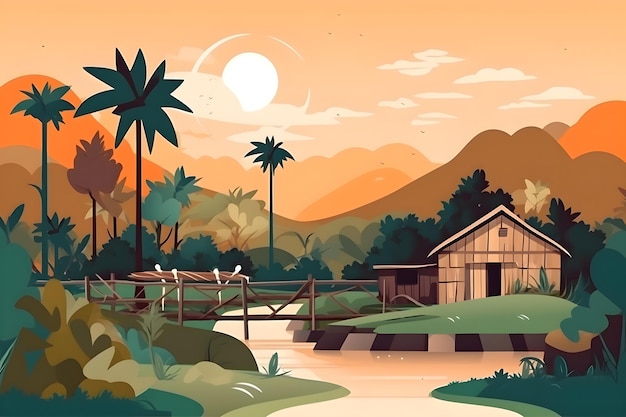 Una ilustración colorida de un paisaje rural con palmeras y un río