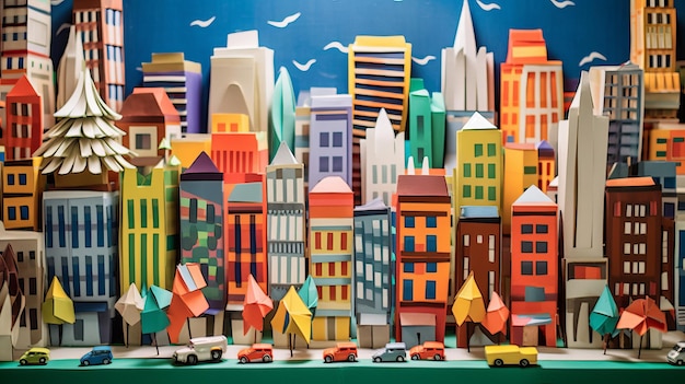 Ilustración colorida del paisaje urbano hecha de papel en estilo origami