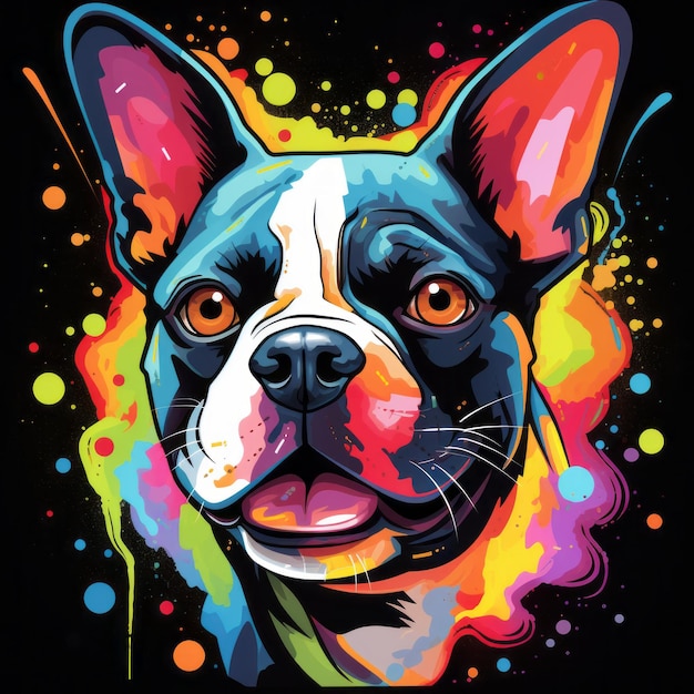 Ilustración colorida del perro Boston Terrier sobre fondo oscuro