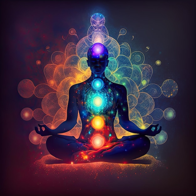 Ilustración colorida de la persona sentada en pose de loto Meditación con chakras brillantes