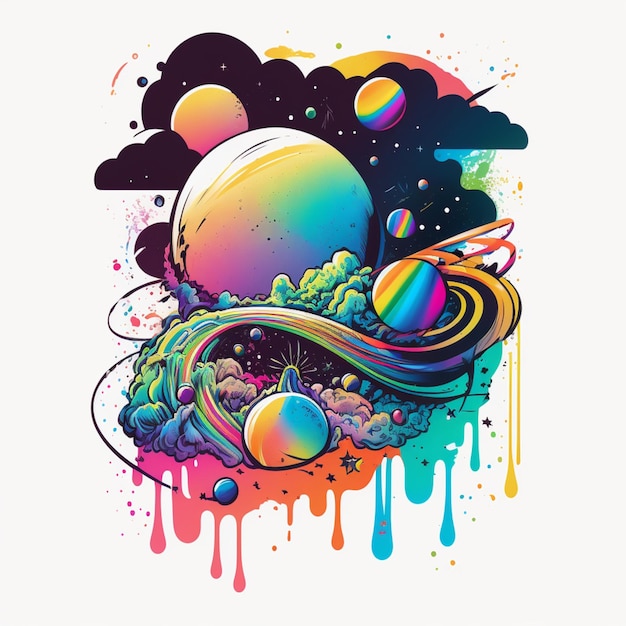 Una ilustración colorida de un planeta con un arco iris y las palabras "espacio" en él.