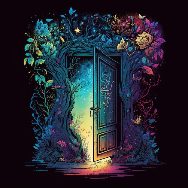 Foto una ilustración colorida de una puerta con una luz y un jardín de flores en el fondo.