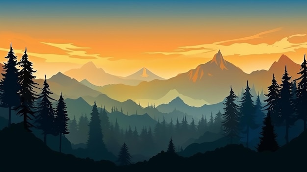 Ilustración de una colorida puesta de sol sobre una majestuosa cordillera