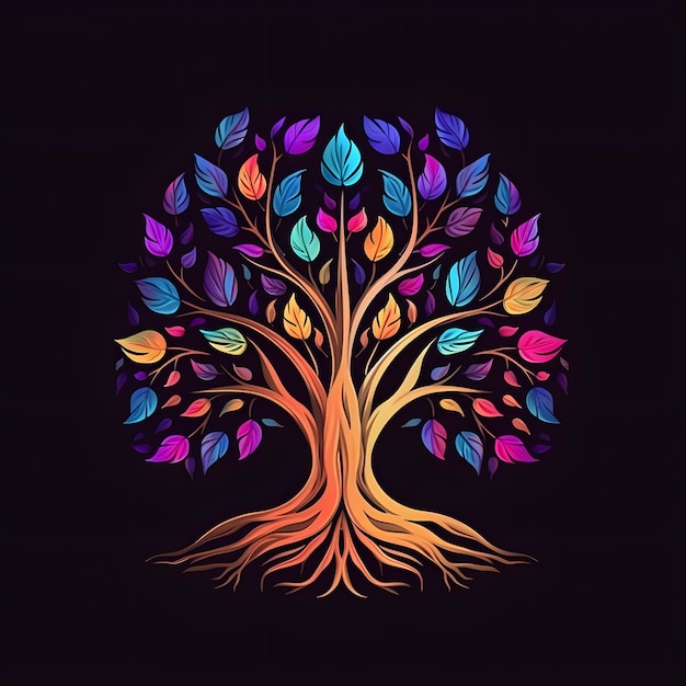 Ilustración colorida del Árbol de la Vida con forma redonda aislada sobre un fondo negro