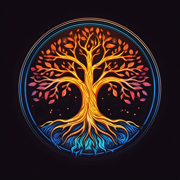 Ilustración colorida del Árbol de la Vida con forma redonda aislada sobre un fondo negro