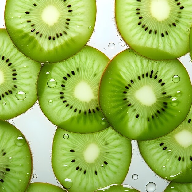 Foto ilustración colorida de rodajas de kiwi verde fresco translúcido hermoso patrón y fondo