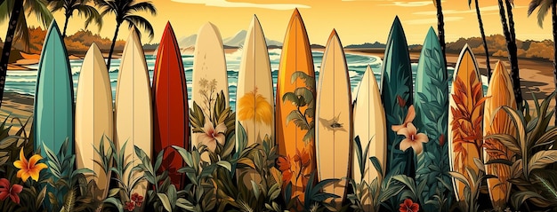 Una ilustración colorida de tablas de surf en la playa al atardecer