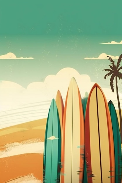 Una ilustración colorida de tablas de surf en una playa con palmeras y un fondo de cielo.