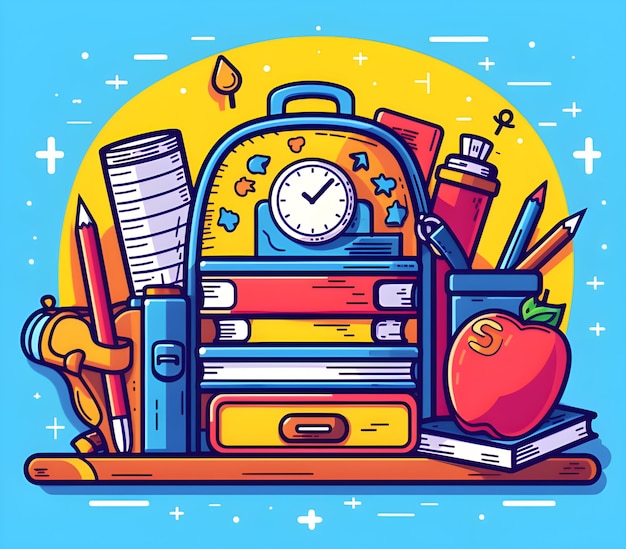 Una ilustración colorida de un tema de regreso a la escuela que incluye una mochila con un reloj