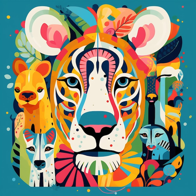 una ilustración colorida de un tigre y otros dos animales