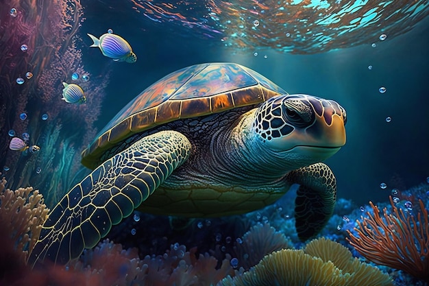 Ilustración colorida de una tortuga marina nadando sobre los arrecifes de coral