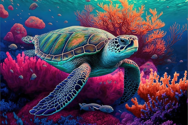 Ilustración colorida de una tortuga marina nadando sobre los arrecifes de coral