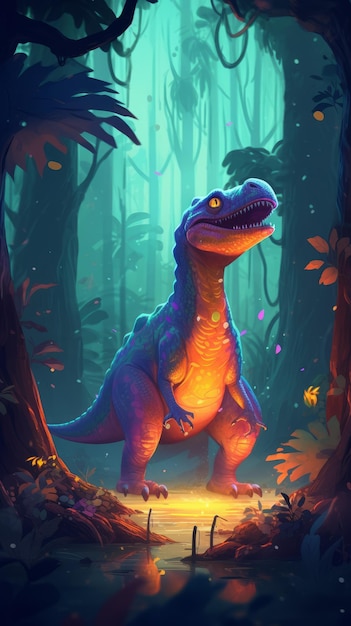 Ilustración colorida de Trex en el bosque primitivo