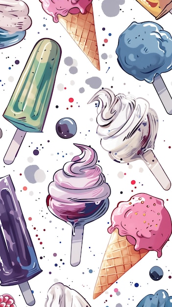 Foto ilustración colorida de varios conos de helado y helados con fondo de patrón de salpicaduras