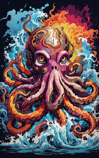 Ilustración colorida del vector de Kraken para el diseño de camisetas