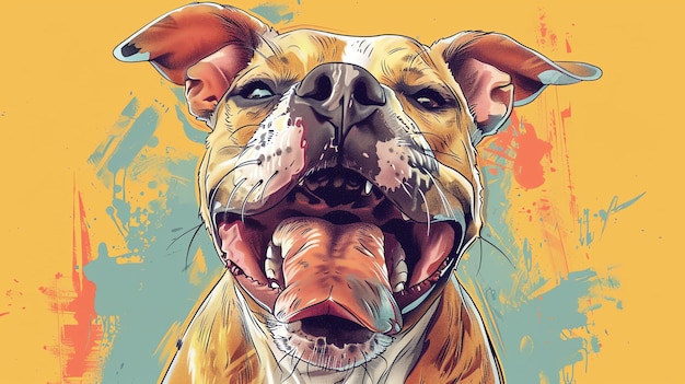 Una ilustración colorida y vibrante de un perro feliz y sonriente con la lengua afuera El perro está en primer plano y está mirando al espectador