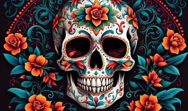 Ilustración de coloridas calaveras de azúcar decoradas el Día de los Muertos, festival tradicional mexicano