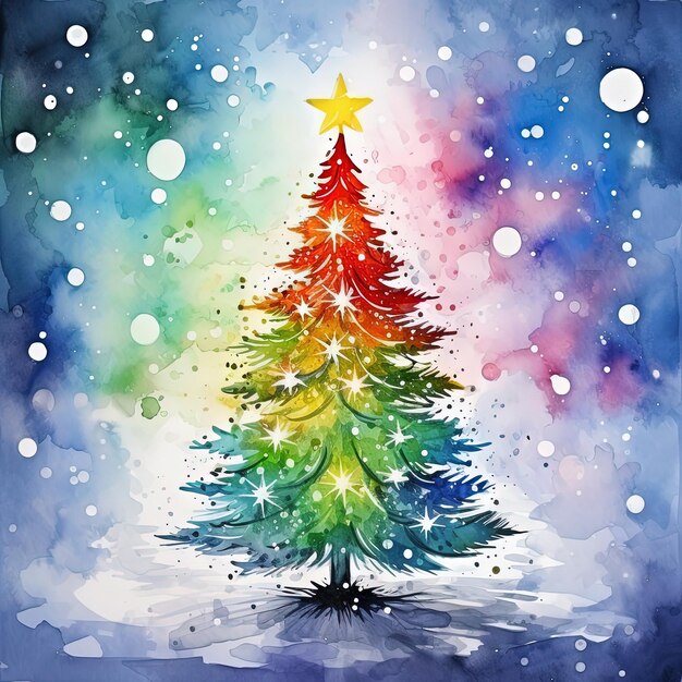 Foto ilustración de un colorido árbol de navidad en acuarela