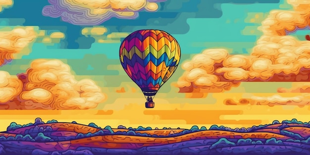 Ilustración de un colorido globo aerostático volando sobre un campo generativo ai