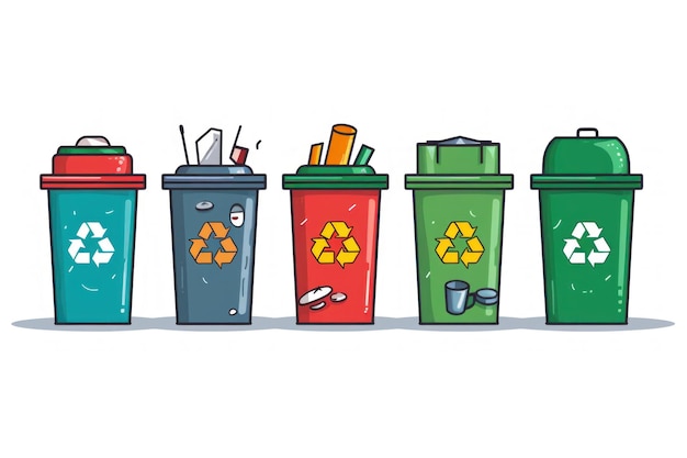Ilustración de coloridos contenedores de reciclaje llenos de basura AI generativa