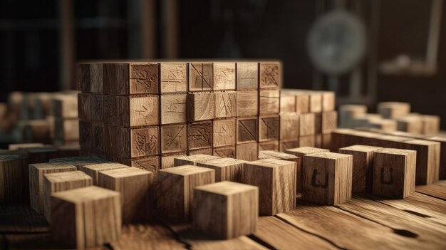 Foto ilustración de coloridos juguetes de caja de madera