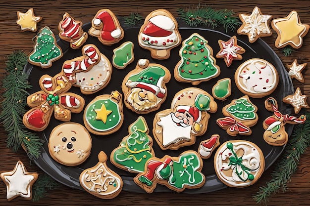 Ilustración cómica de unas coloridas galletas de Navidad en un plato de fondo de Navidad