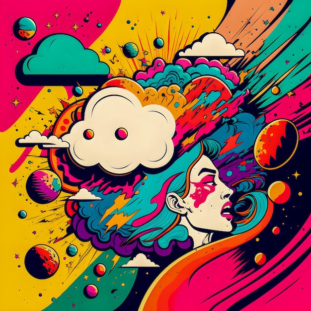 Ilustración cómica dibujada a mano Estilo retro y años 90 Cosmos Pop Art Abstract Crazy and Psychedelic BackgroundxA