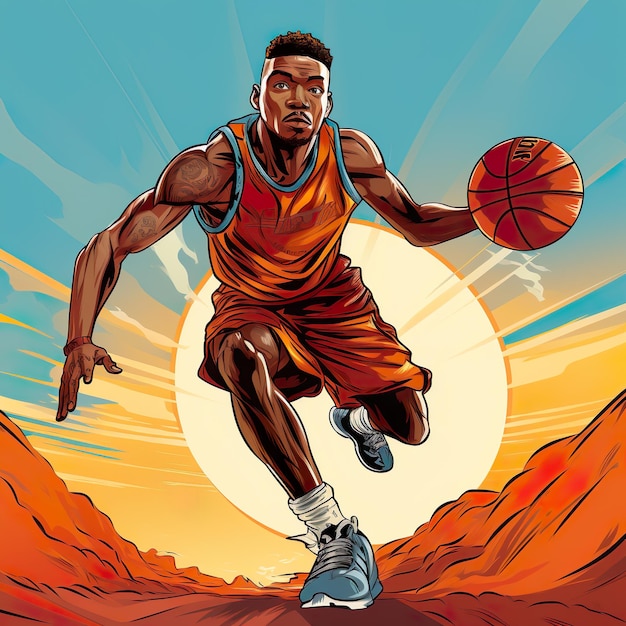 Ilustración cómica de un estilo cómico de jugador de baloncesto.