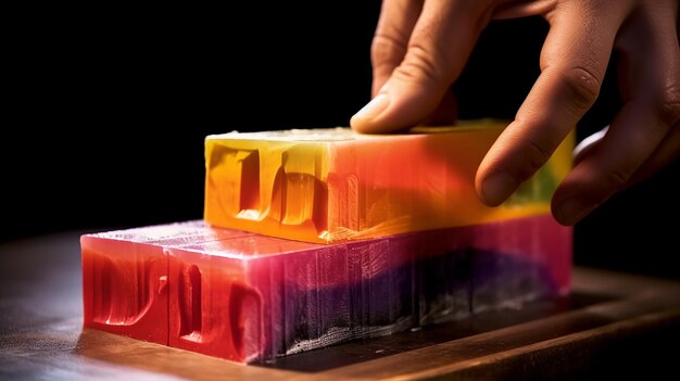 Ilustración de cómo se corta un gran bloque de jabón multicolor en pedazos rectangulares