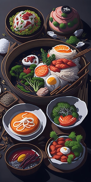Ilustración completa de comida coreana