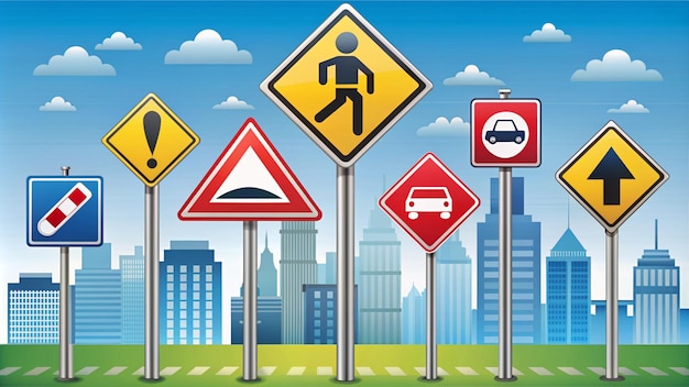 Ilustración completa de las señales de tráfico para la educación en seguridad vial