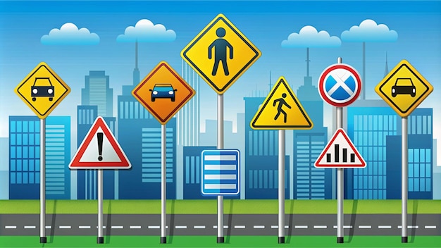 Ilustración completa de las señales de tráfico para la educación en seguridad vial