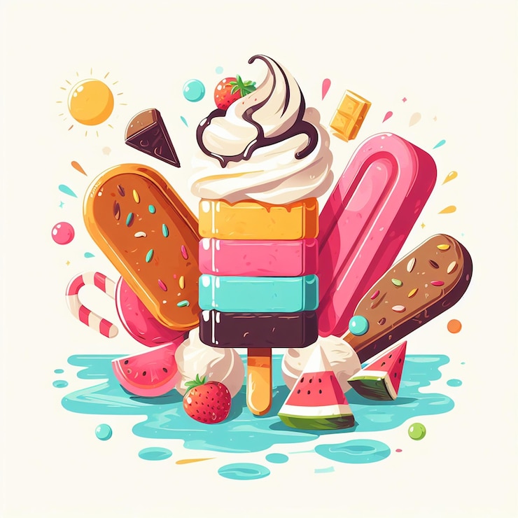 Ilustración de la composición de las bolas de crema sabrosas y dulces en la incrustación de los conos de hojaldre