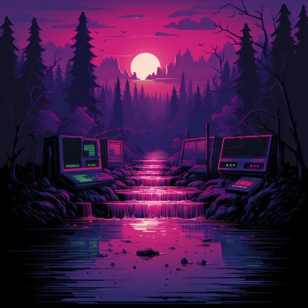 una ilustración de una computadora en el bosque por la noche