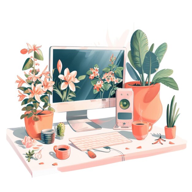 Foto ilustración de computadora hermosa fondo de lapton fondo de computadora personal con flores lindas