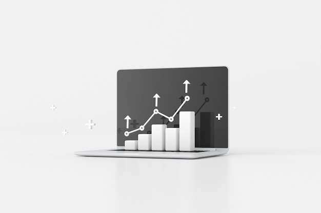 Ilustración de una computadora portátil con gráfico de negociación de acciones, gráfico de estrategia de crecimiento, computación en la nube. Representación 3D.