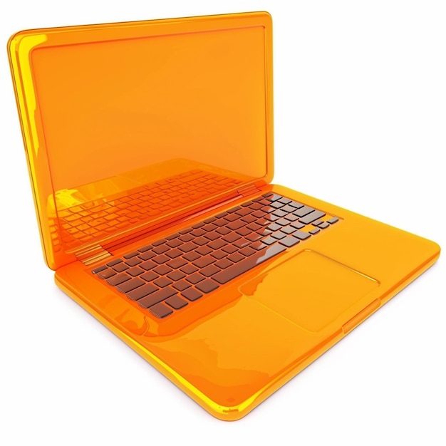 Ilustración de la computadora portátil naranja con un fondo de color blanco renderizado en 3D