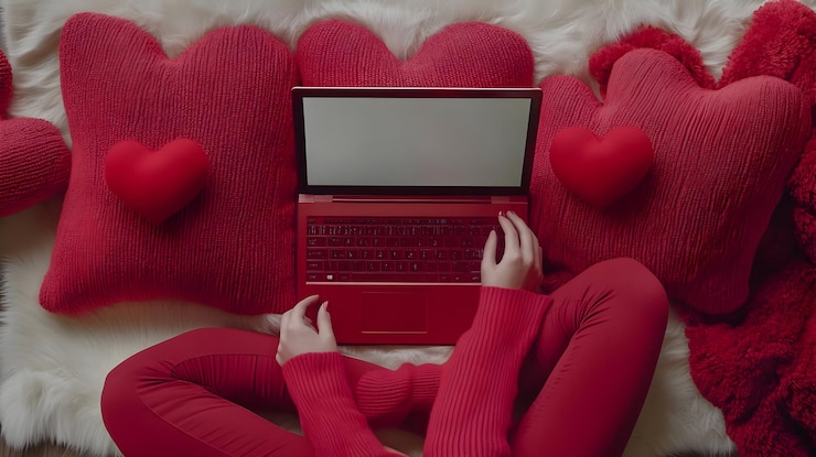 Foto ilustración de la computadora portátil roja y las almohadas en forma de corazón
