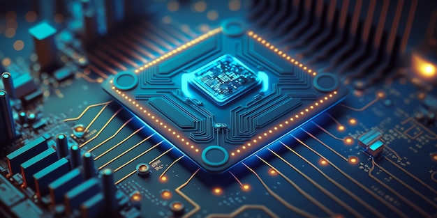 Ilustración de concepto de cierre de placa de circuito de microchip electrónico futurista