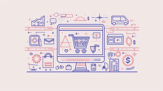 Ilustración del concepto de compras en línea y comercio electrónico Una pantalla de computadora con un carrito de compras en