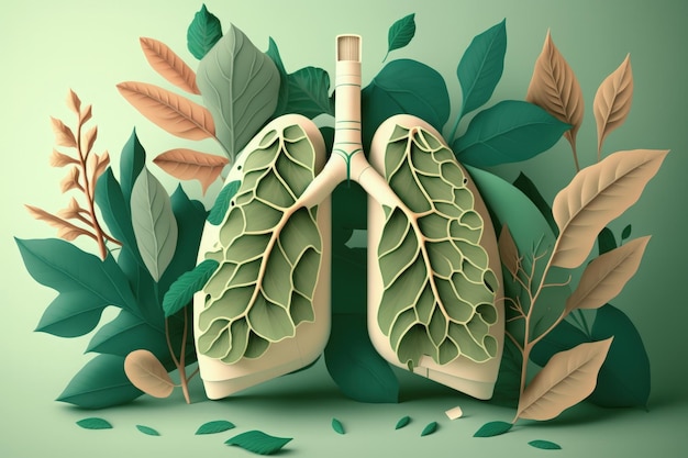 Ilustración del concepto de cuidado del medio ambiente y la salud de las plantas y los pulmones humanos fondo verde AI