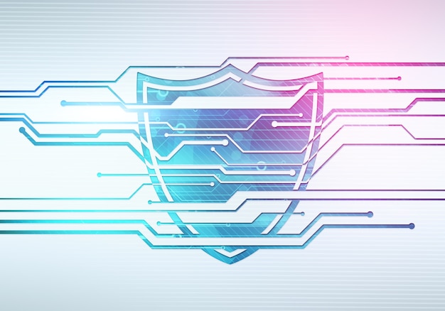 Ilustración del concepto digital abstracto de seguridad y protección de datos de Internet con escudo en microchip de circuito